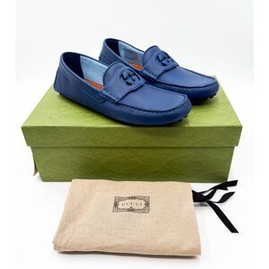 Gucci GG Monogram Leather Driving Loafers Navy Blue US Men’s 8.5